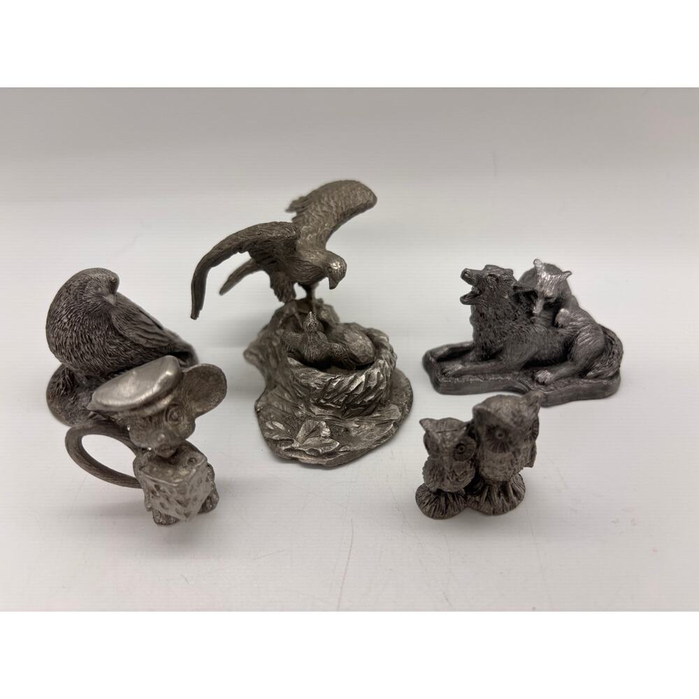 Lot of 5 mini pewter animals, owls, partridge, wolves, eagles and mouse.